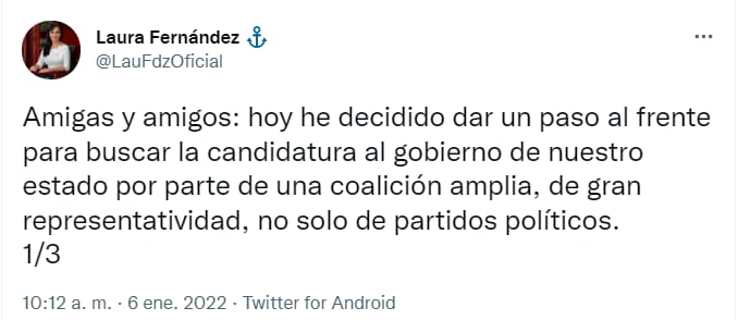 Tuit de la diputada Laura Fernández quien busca la candidatura de la gubernatura de Quintana Roo