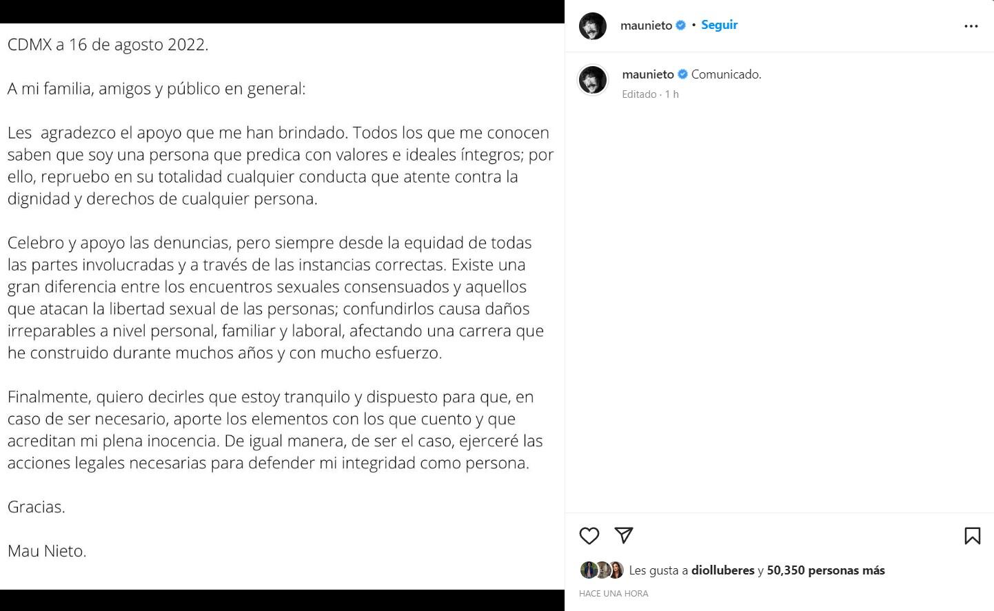 Post de Mau Nieto tras denuncia de abuso sexual