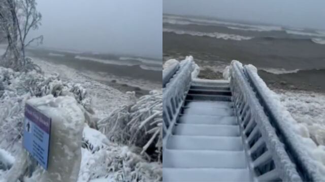 Playa de Nueva York congelada por tormenta invernal