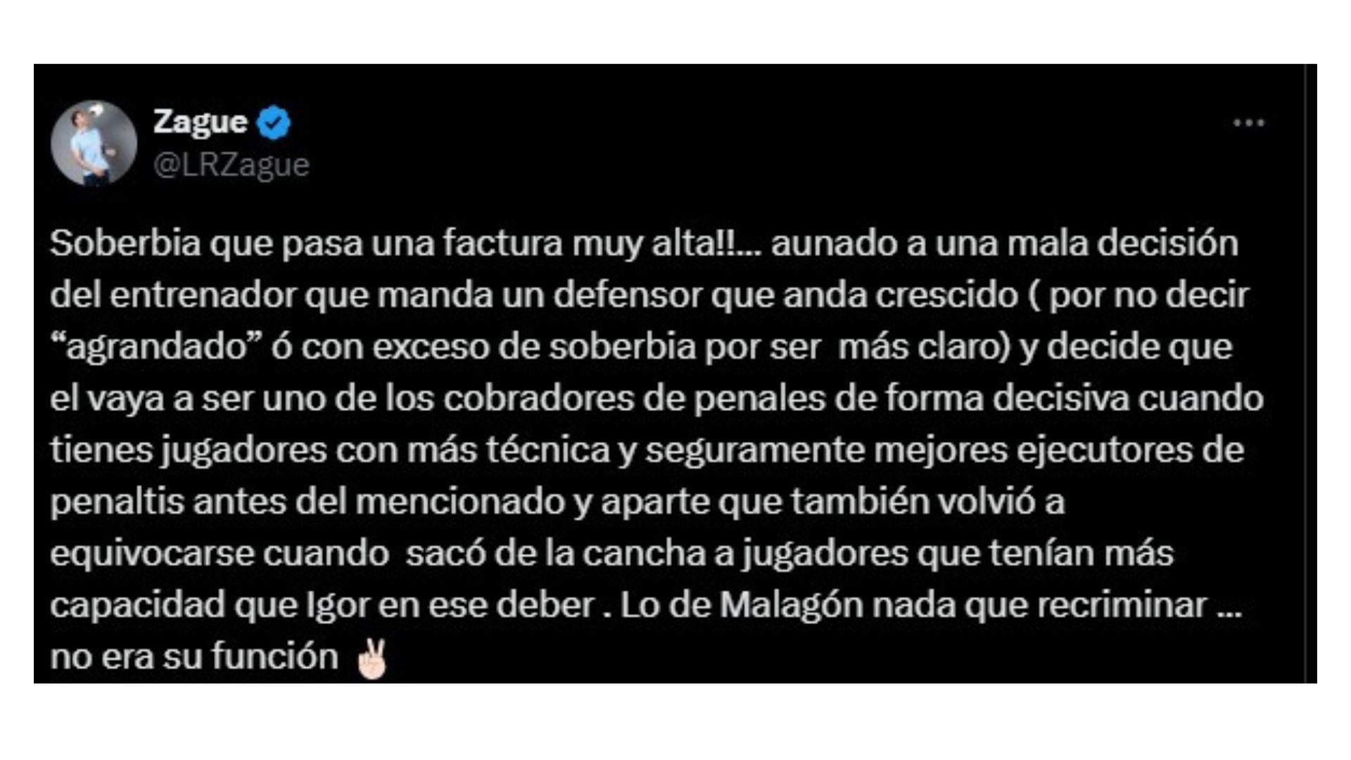 Mensaje de Zague sobre Igor Lichnovsky y André Jardine.