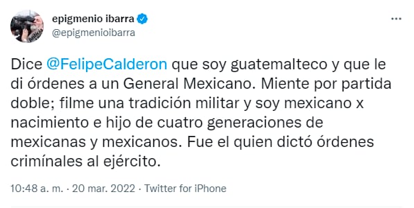 Tuit de defensa de Epigmenio Ibarra de Felipe Calderón