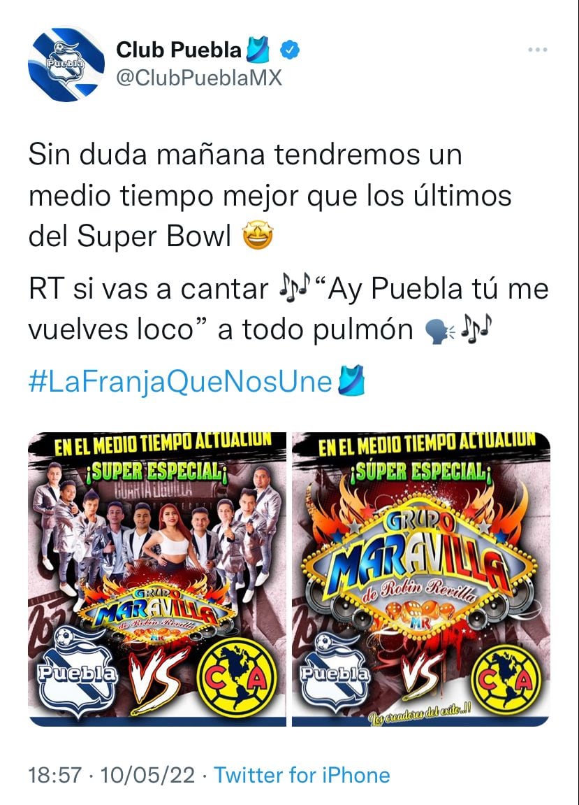 El Club Puebla anunció la presentación del Grupo Maravilla como show de medio tiempo en el Estadio Cuauhtémoc.