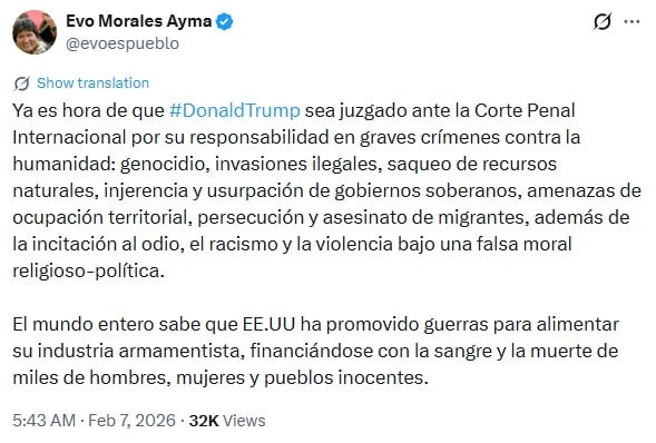 Evo Morales pide juzgar a Trump por delitos de lesa humanidad ante la CPI