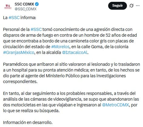 SSC informa sobre balacera contra un hombre en Iztacalco.