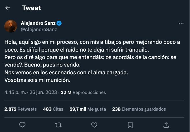 Alejandro Sanz envía mensaje a sus fanáticos en medio de la crisis que está atravesando