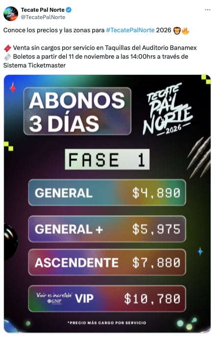 Costo de boletos fase 1, Tecate Pal Norte 2026