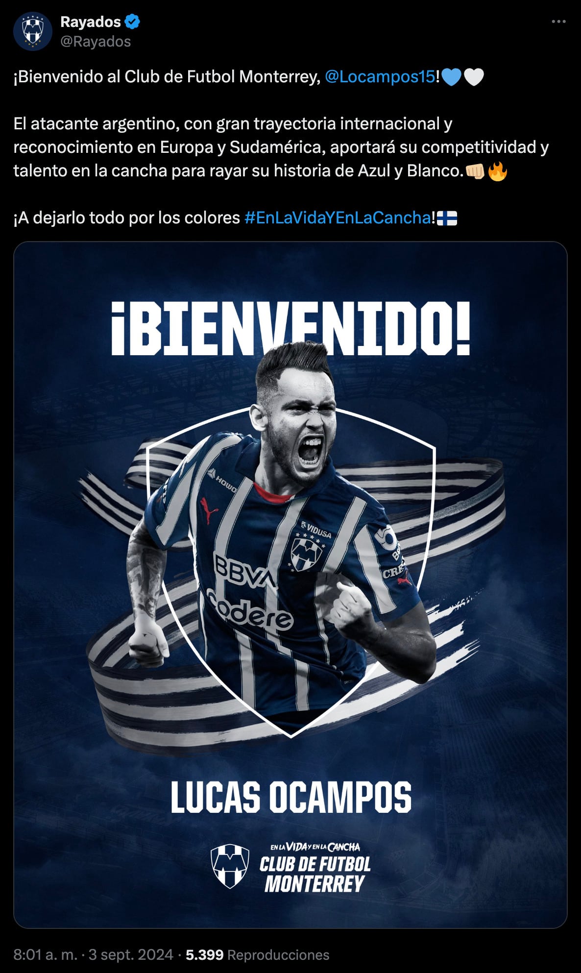 Lucas Ocampos es nuevo jugador de Rayados de Monterrey