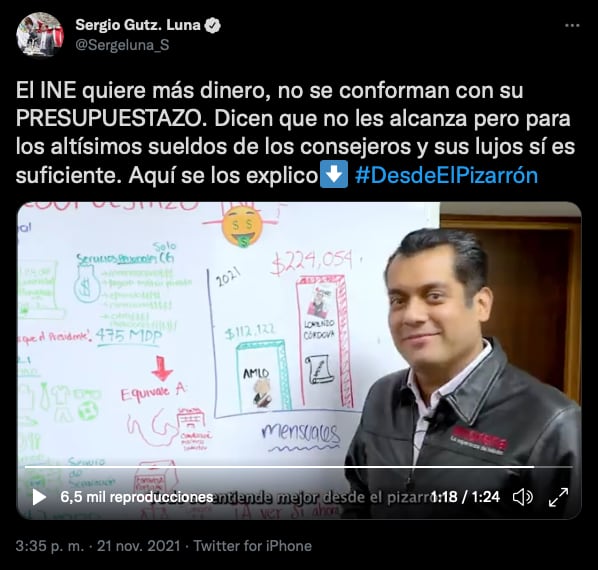 Tuit del video de Sergio Gutiérrez Luna explicando el presupuestazo del INE