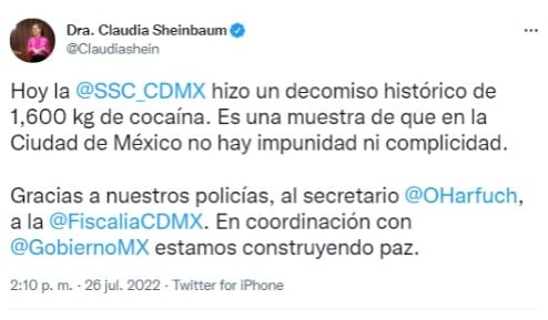 Tras histórico decomiso de cocaína, Claudia Sheinbaum dice que en CDMX no hay impunidad