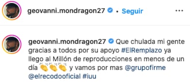 Geovanni Mondragón de El Recodo celebra canción con Grupo Firme.