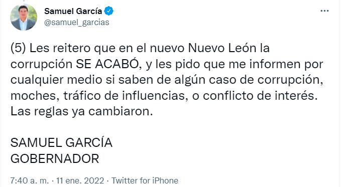 Tuit de Samuel García sobre la destitución de Eduardo Garza