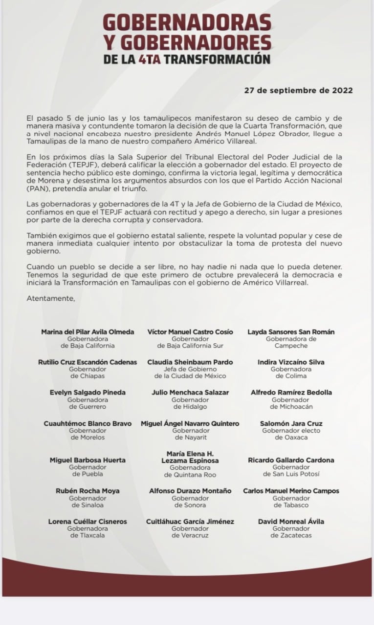 Gobernadores de Morena reafirman su apoyo a Américo Villarreal