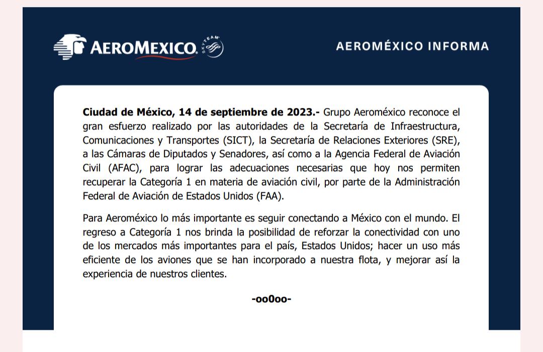 Comunicado de Aeroméxico por el regreso a la Categoría 1