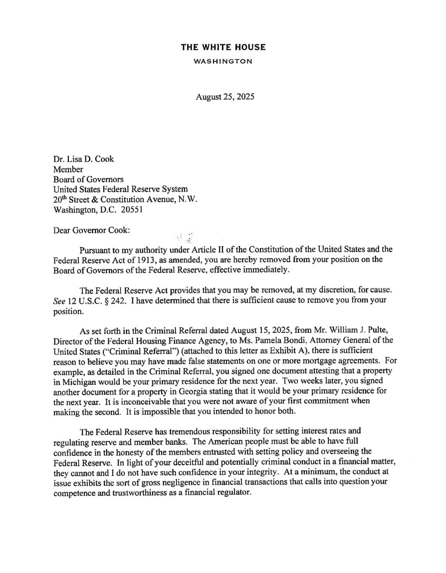 Carta de Donald Trump en la que informó el despido de la gobernadora de la Fed