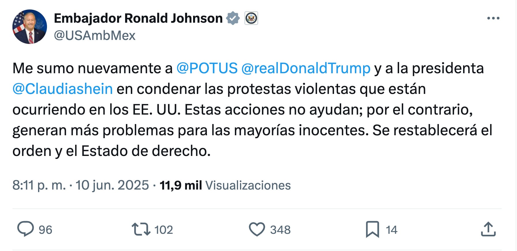 Ronald Johnson sobre protestas en Estados Unidos