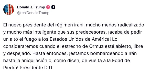 Donald Trump condiciona alto al fuego en Irán con Estrecho de Ormuz.