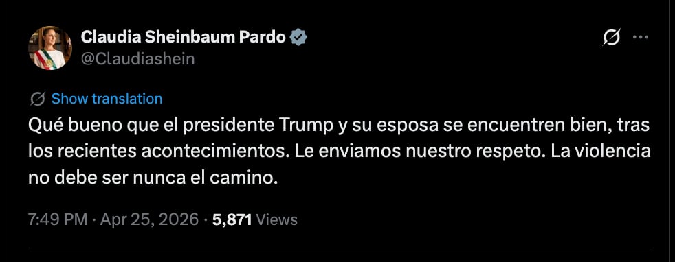 Sheinbaum se pronuncia tras incidente en Washington: Trump y su esposa están bien