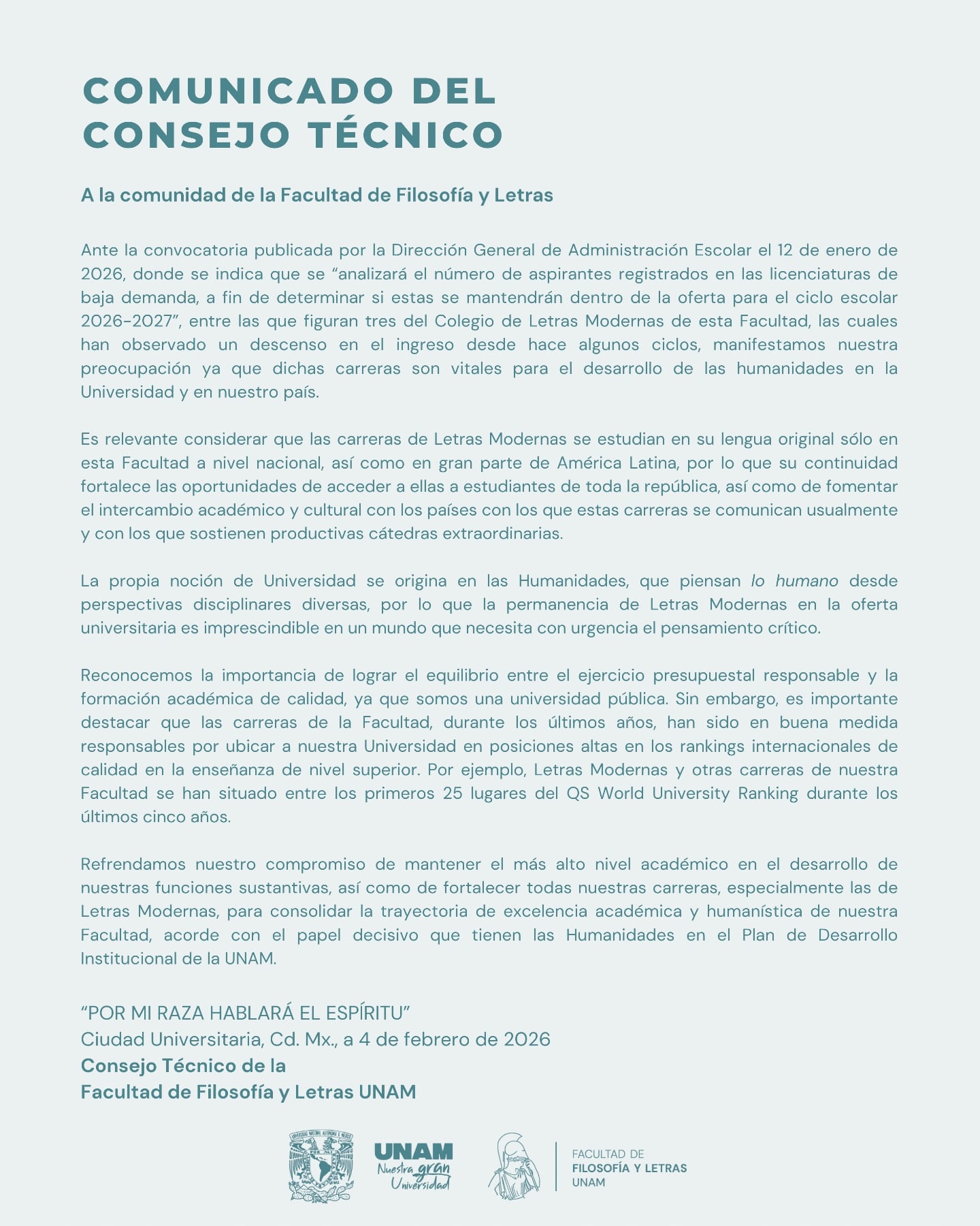 Comunicado del Consejo Técnico de la Facultad de Filosofía y Letras de la UNAM sobre la carrera de Letras Modernas