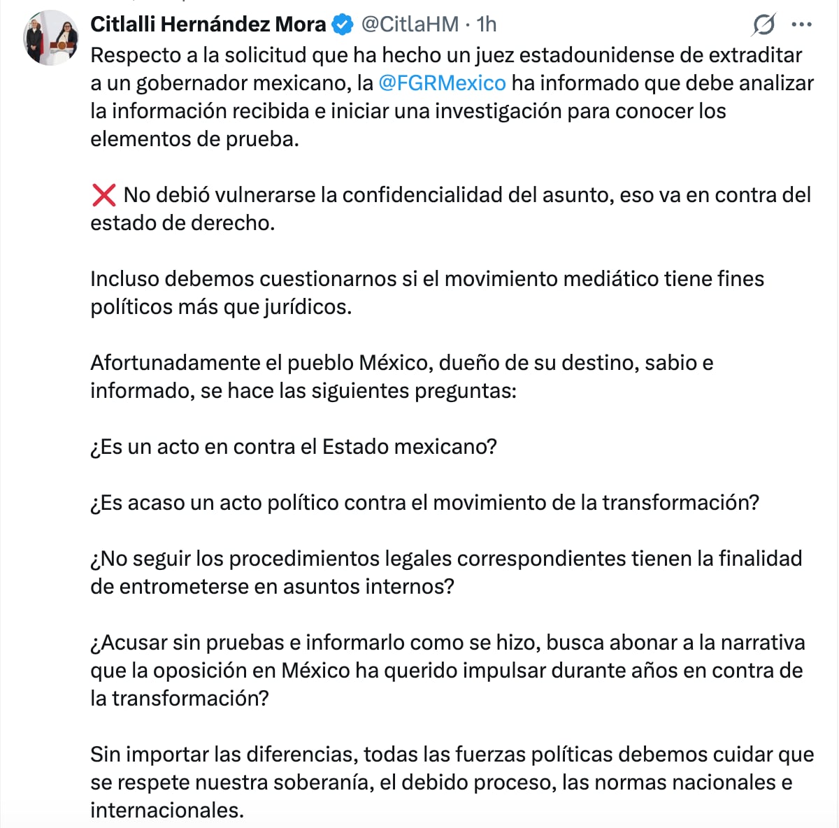 Citlalli Hernández acusa que Estados Unidos vulneró la confidencialidad del caso Rubén Rocha Moya