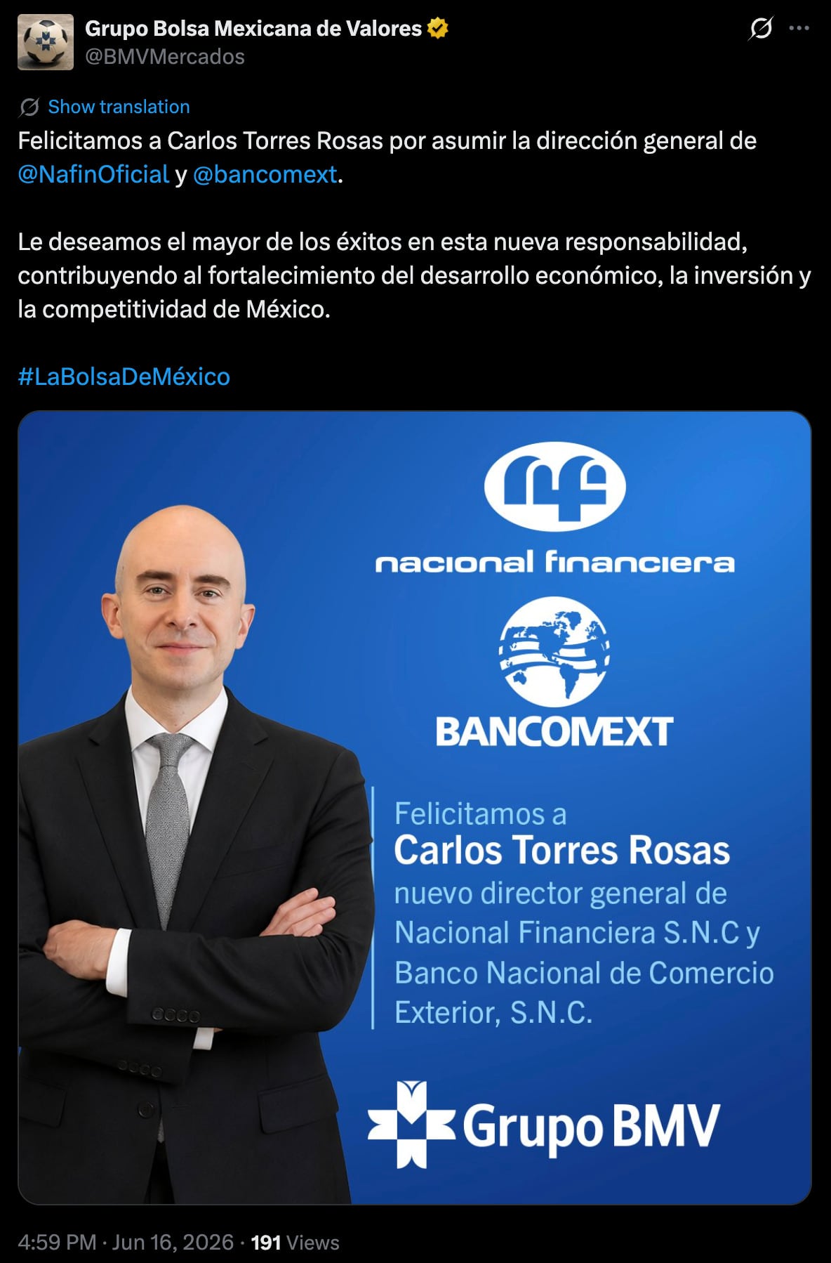 Carlos Torres Rosas llega a la dirección de Nafin y Bancomext