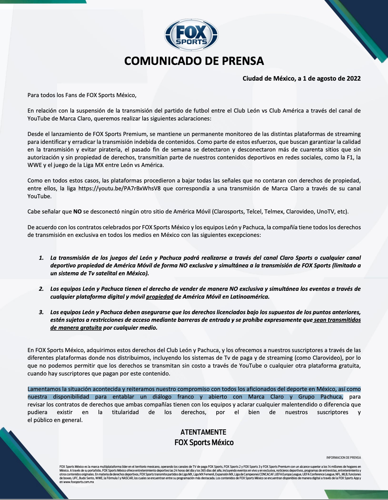 Fox Sports comunicado (Foto: Captura de pantalla)