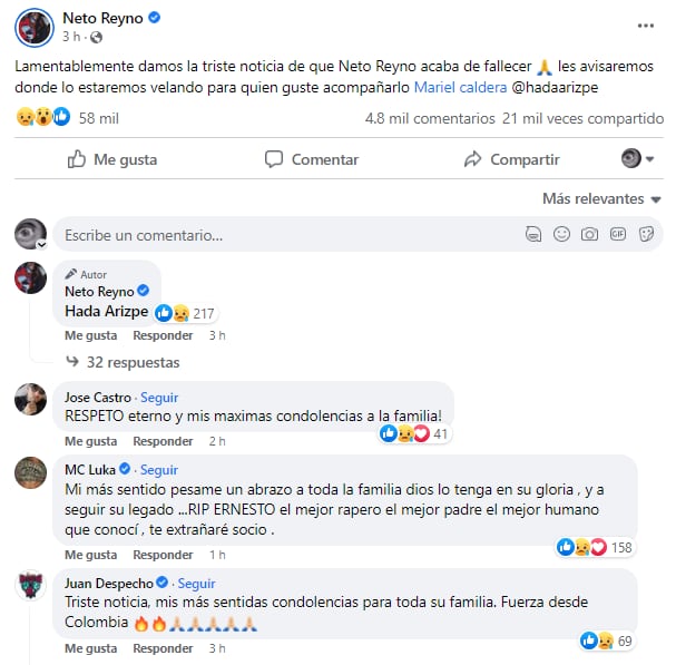 Anuncio de la muerte de Neto Reyno
