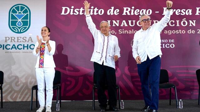 Claudia Sheinbaum, AMLO y Rubén Rocha Moya en Sinaloa, domingo 25 de agosto 2024