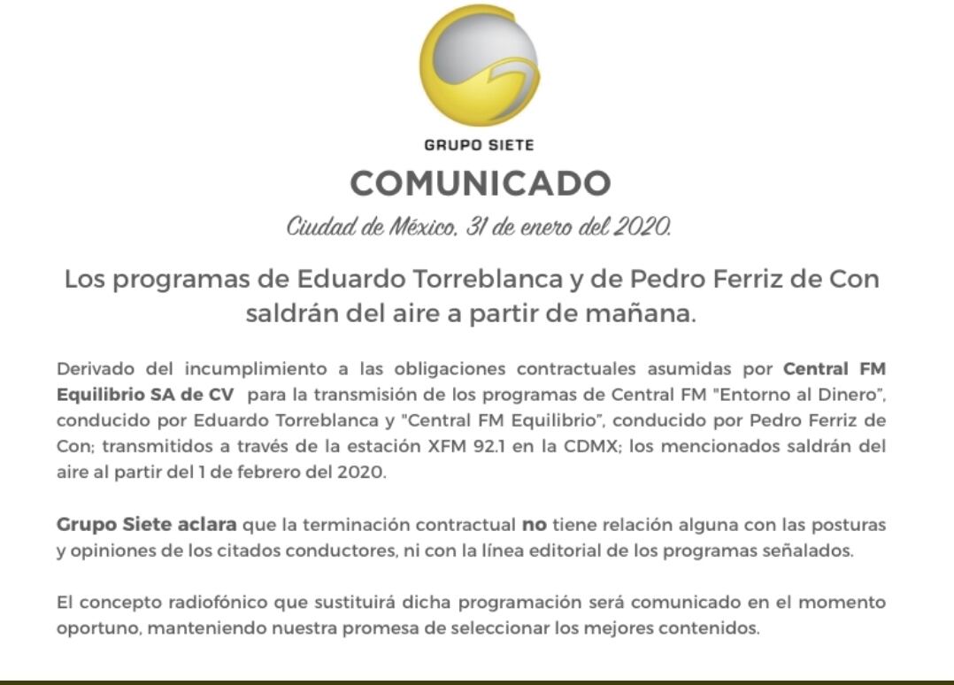 Grupo Siete dio a conocer a través de un comunicado la cancelación de los dos noticieros.