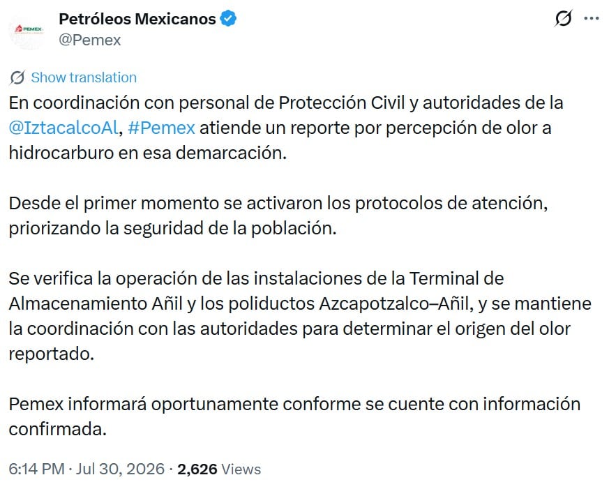 Pemex atiende reporte de olor a hidrocarburo en Iztacalco