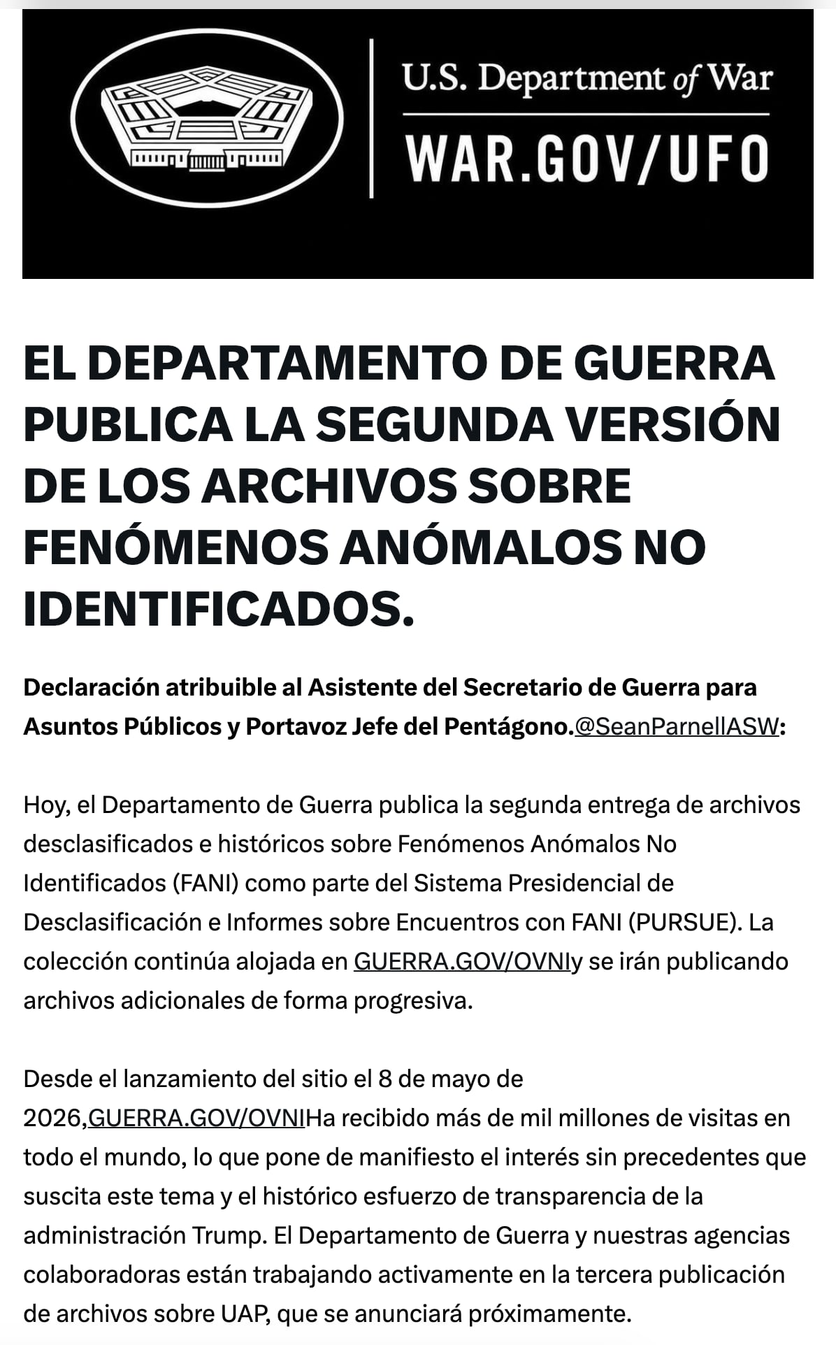 El Pentágono publica nuevo lote de archivos desclasificados OVNI
