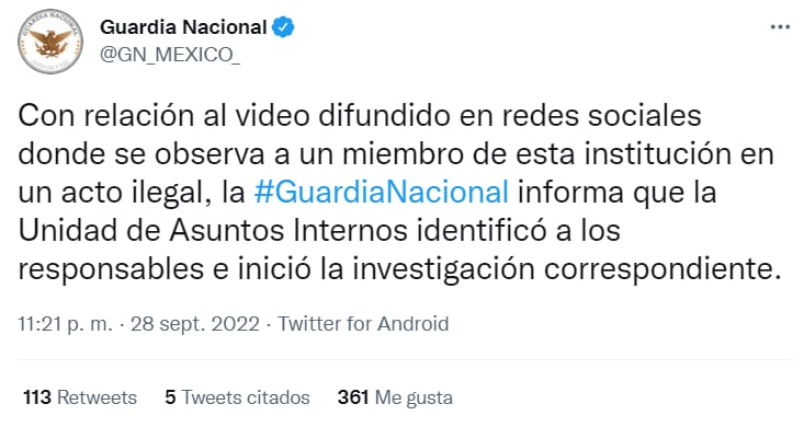 Guardia Nacional se pronuncia ante video donde agentes son cachados en la movida