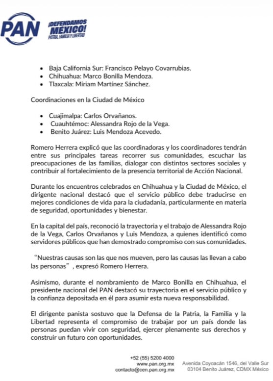 PAN designa coordinaciones a 6 aspirantes rumbo a las elecciones de 2027