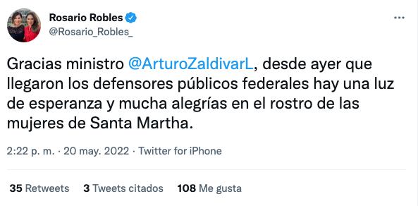 Rosario Robles celebra llegada de defensores públicos a Santa Martha; agradece a Arturo Zaldívar