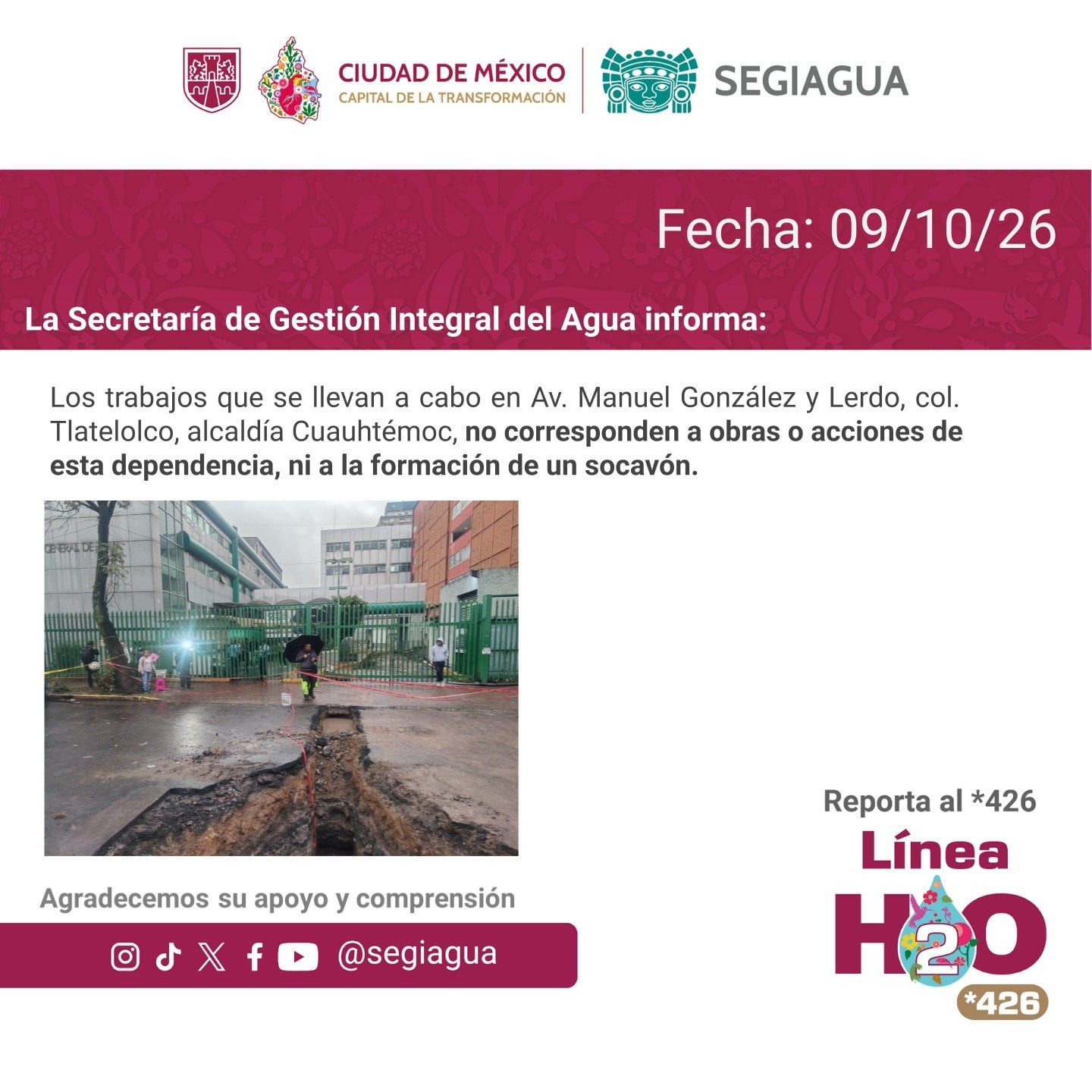 SEGIAGUA niega que el socavón frente al IMSS Tlatelolco sea por obras de drenaje