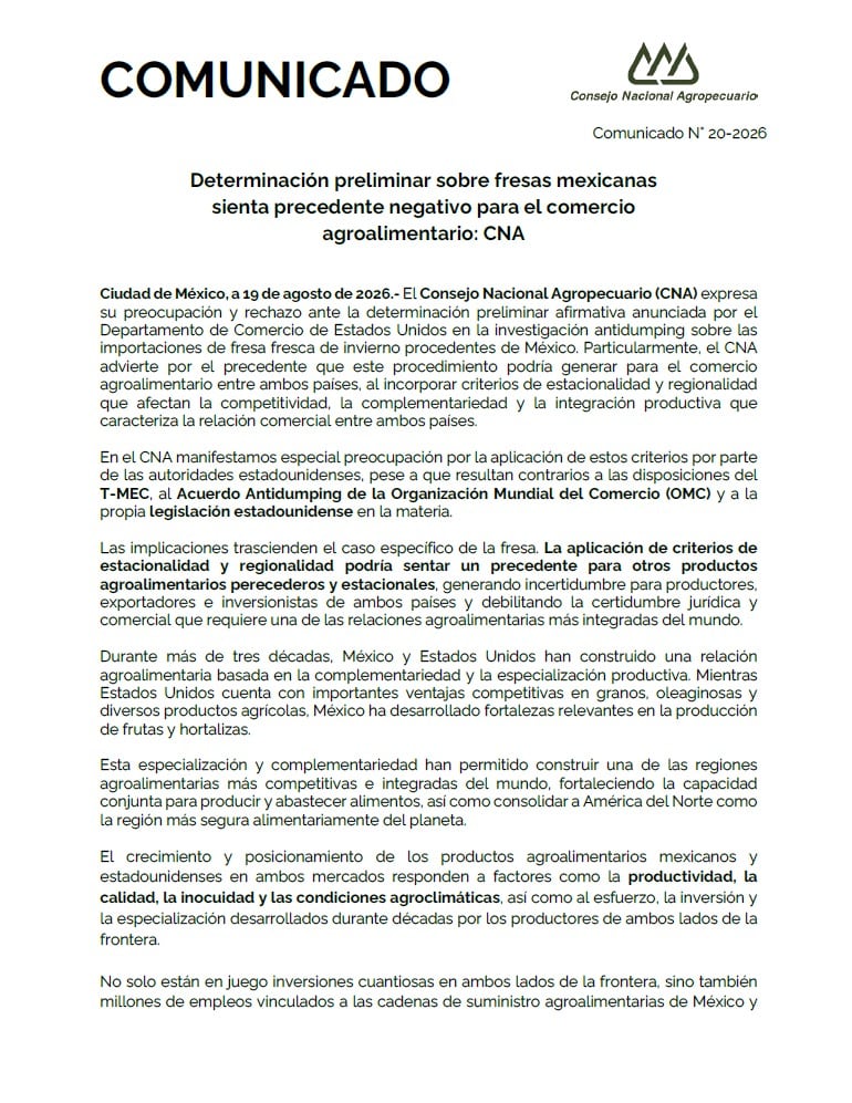 Consejo Nacional Agropecuario acusa violación al T-MEC por cuotas antidumping a fresas