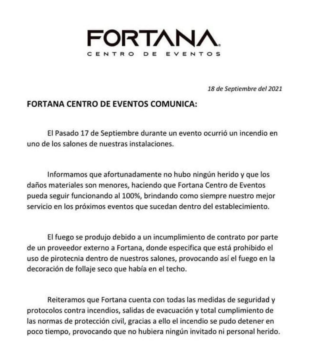 Comunicado del salón de fiestas