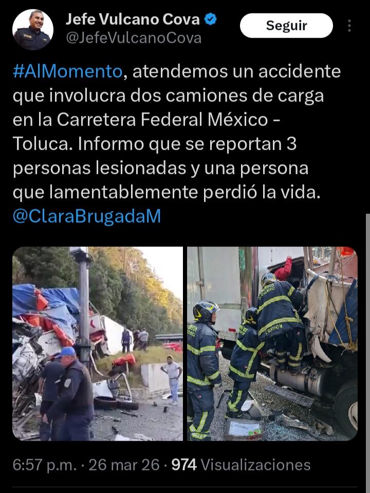 Reportan accidente hoy en carretera México-Toluca