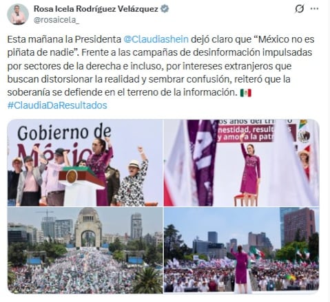 Rosa Icela Rodríguez celebra segunda informe de Claudia Sheinbaum como presidenta.