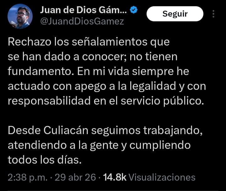 Gámez Mendívil defiende su trabajo en Culiacán ante acusaciones de Estados Unidos