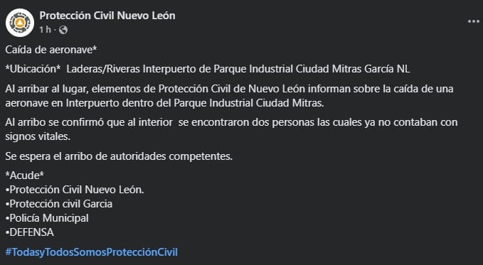 Protección Civil confirma caída de avioneta en Nuevo León