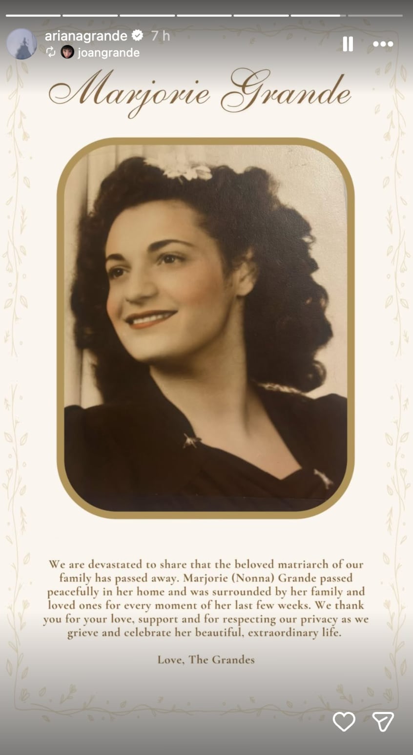 Ariana Grande se despide de su abuela con emotiva foto