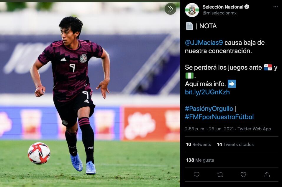 José Juan Macías es baja del Tri