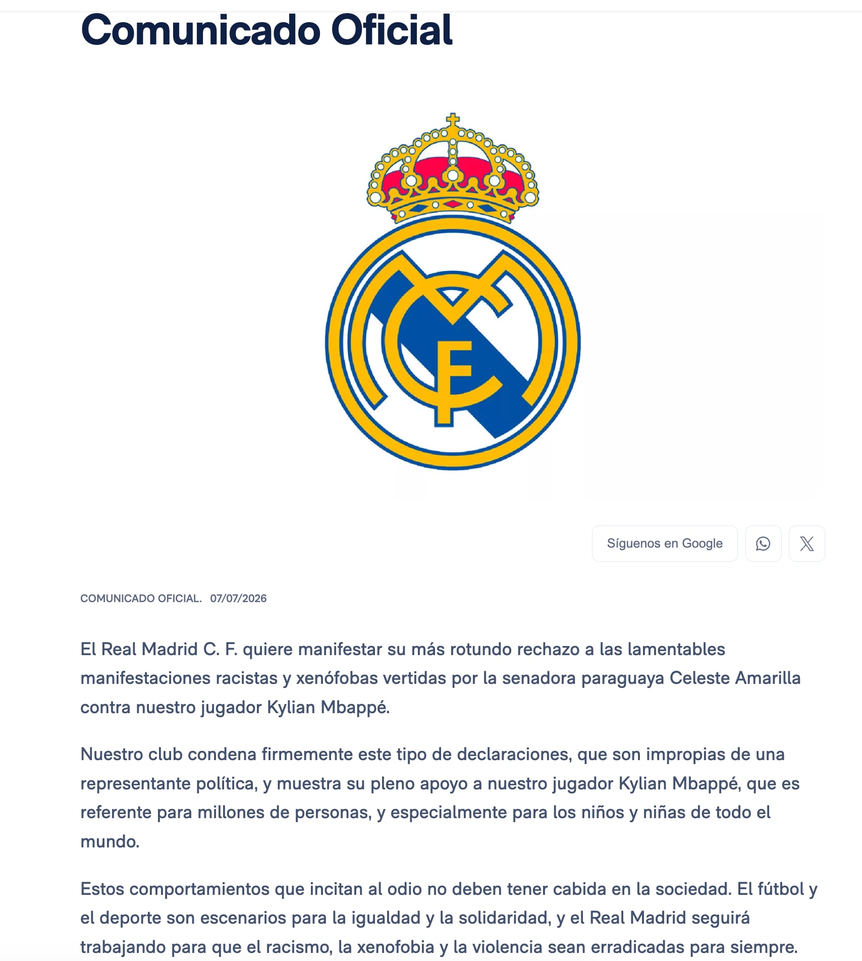 Real Madrid apoya a Kylian Mbappé tras racismo recibido de Celeste Amarilla