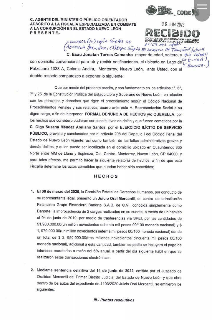 Denuncia contra Olga Susana Méndez