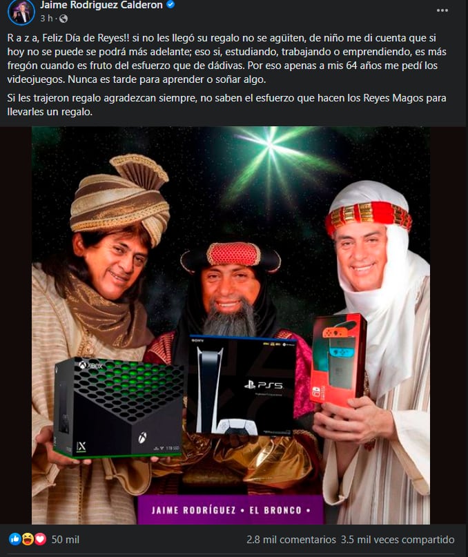 Publicación de Jaime Rodríguez Calderón 'el bronco' con disfraz de rey mago