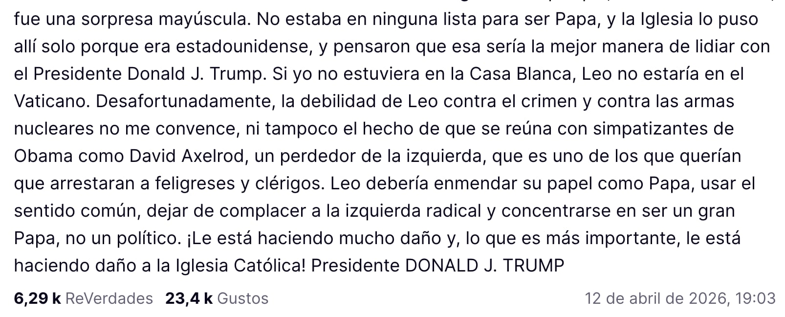 Donald Trump lanza ataque al Papa León XIV, y el líder católico le responde