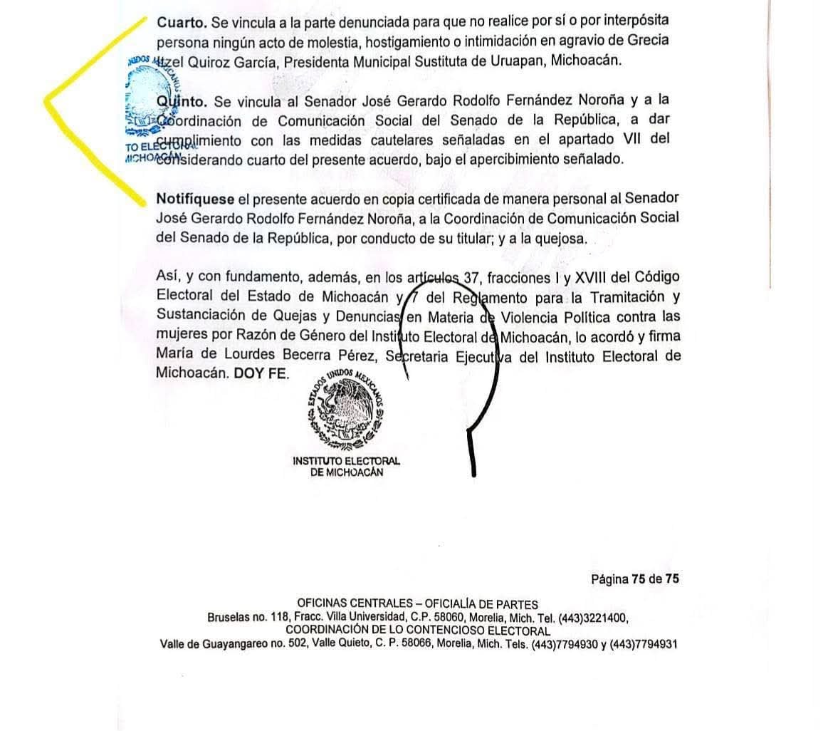 Ordenan a Noroña cesar hostigamiento contra Grecia Quiroz