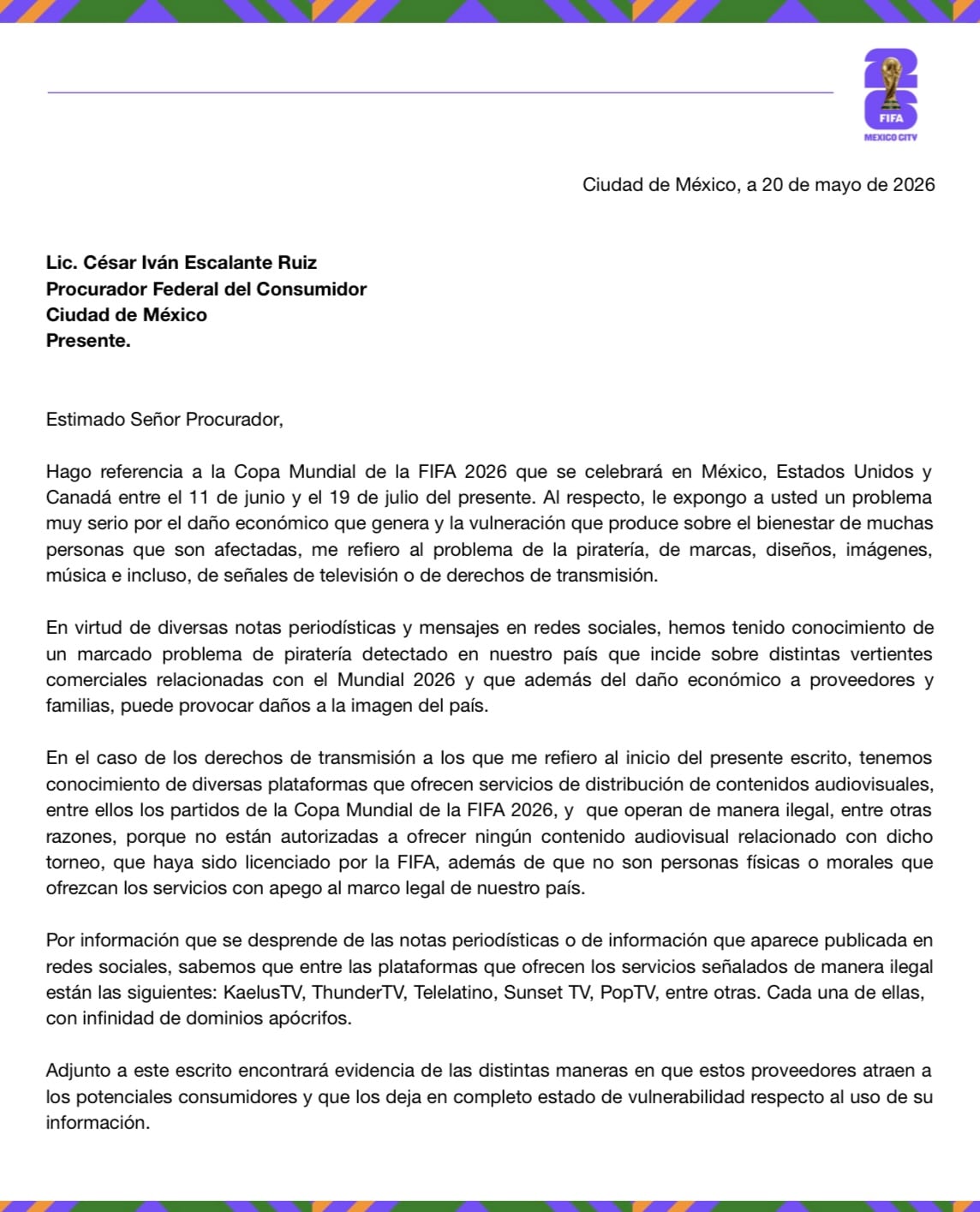Comunicado de la FIFA a Profeco por piratería de transmisión de partidos del Mundial 2026.