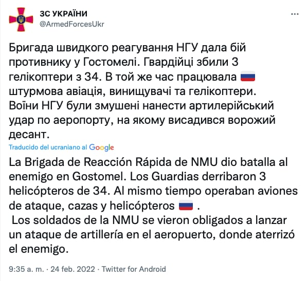 Tuit de las Fuerzas Armadas de Ucrania