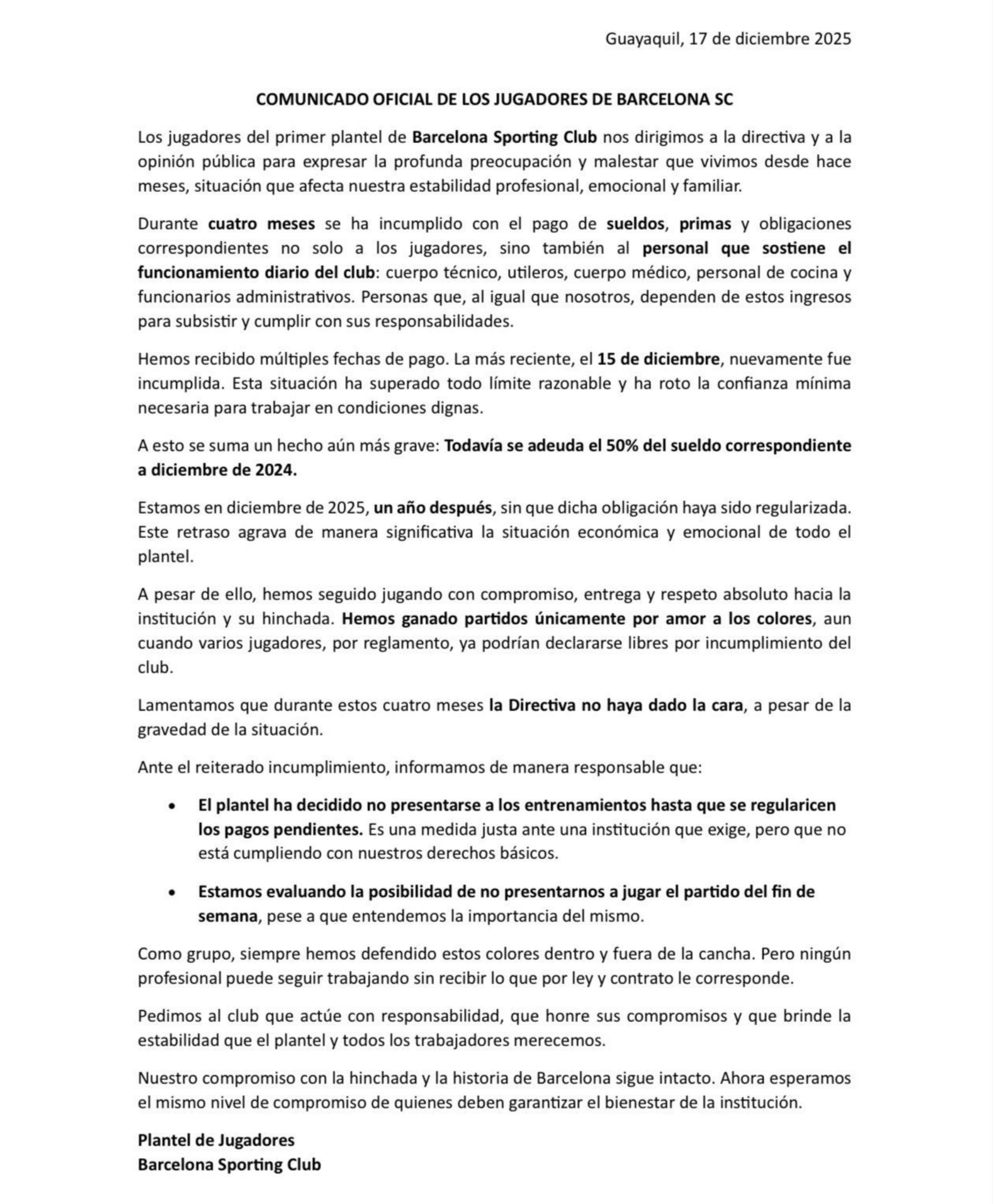 Comunicado de los jugadores del Barcelona de Ecuador.